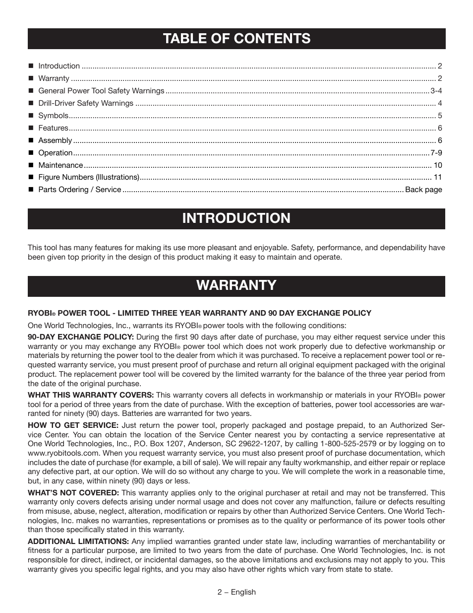 Table of contents introduction, Warranty | Ryobi P205G User Manual | Page 2 / 32