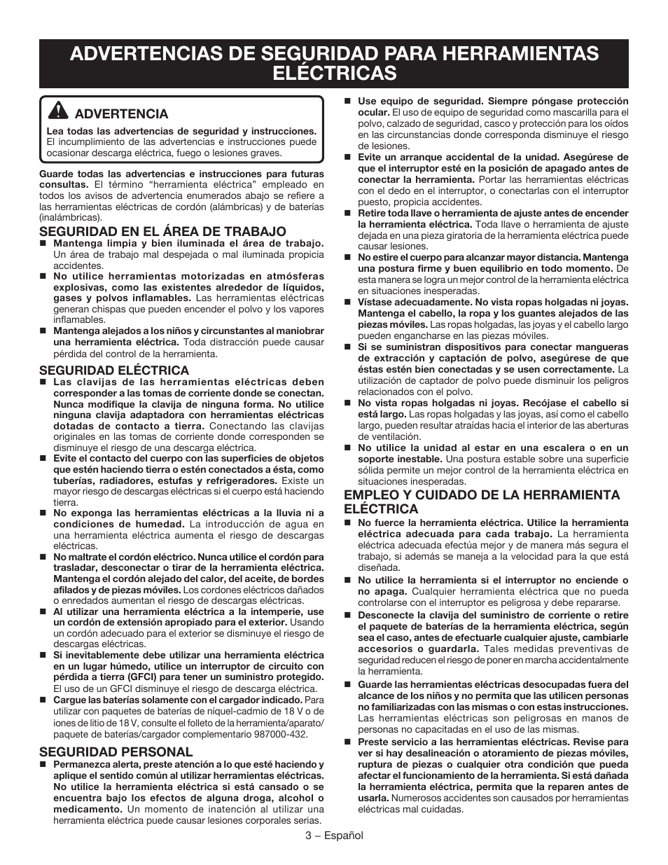 Advertencia, Seguridad en el área de trabajo, Seguridad personal | Empleo y cuidado de la herramienta eléctrica | Ryobi P205G User Manual | Page 21 / 32