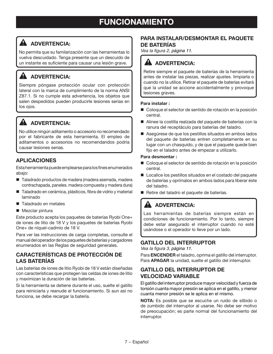 Funcionamiento | Ryobi P205G User Manual | Page 25 / 32