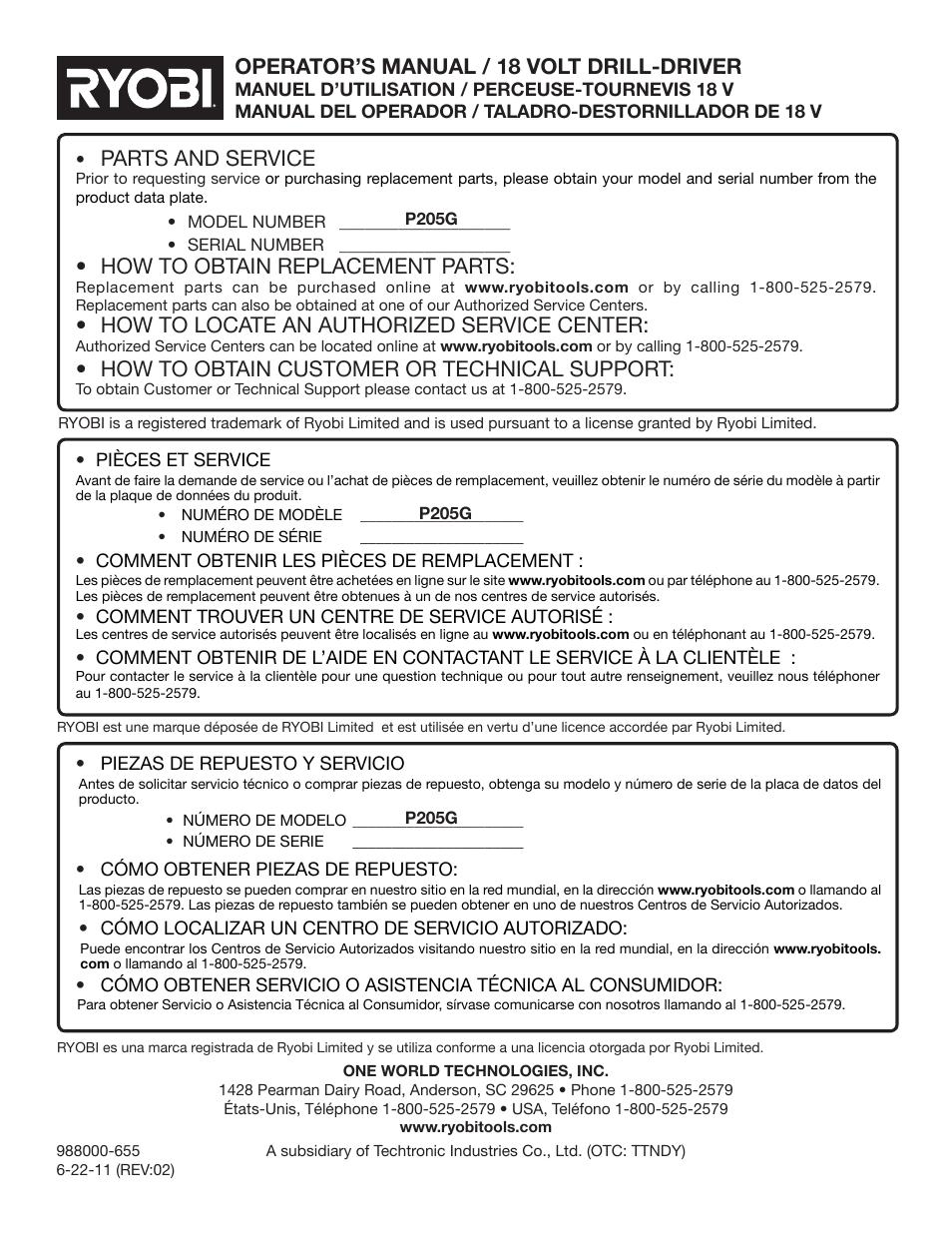 Parts and service, How to obtain replacement parts, How to locate an authorized service center | How to obtain customer or technical support, Operator’s manual / 18 volt drill-driver | Ryobi P205G User Manual | Page 32 / 32