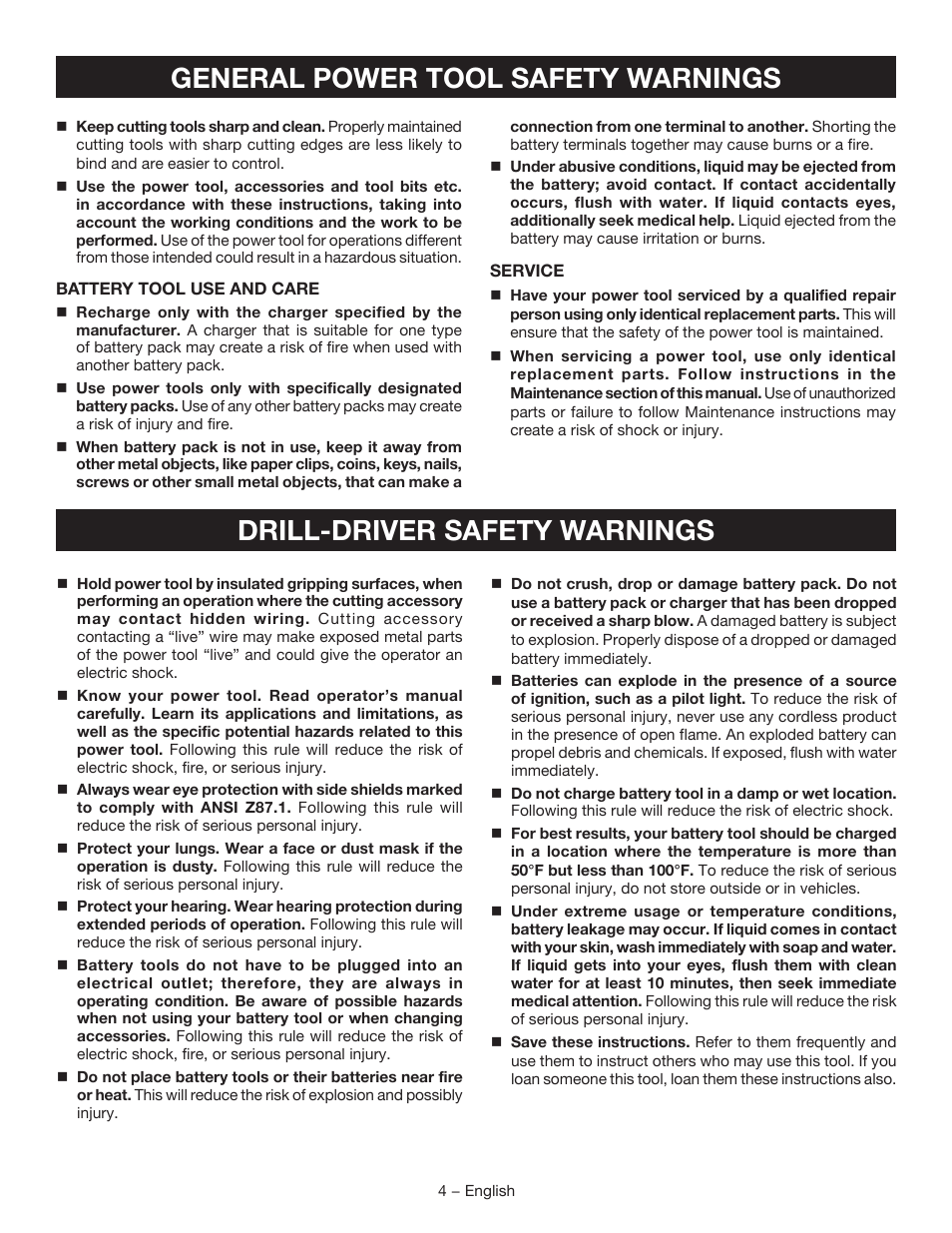 General power tool safety warnings, Drill-driver safety warnings | Ryobi P205G User Manual | Page 4 / 32