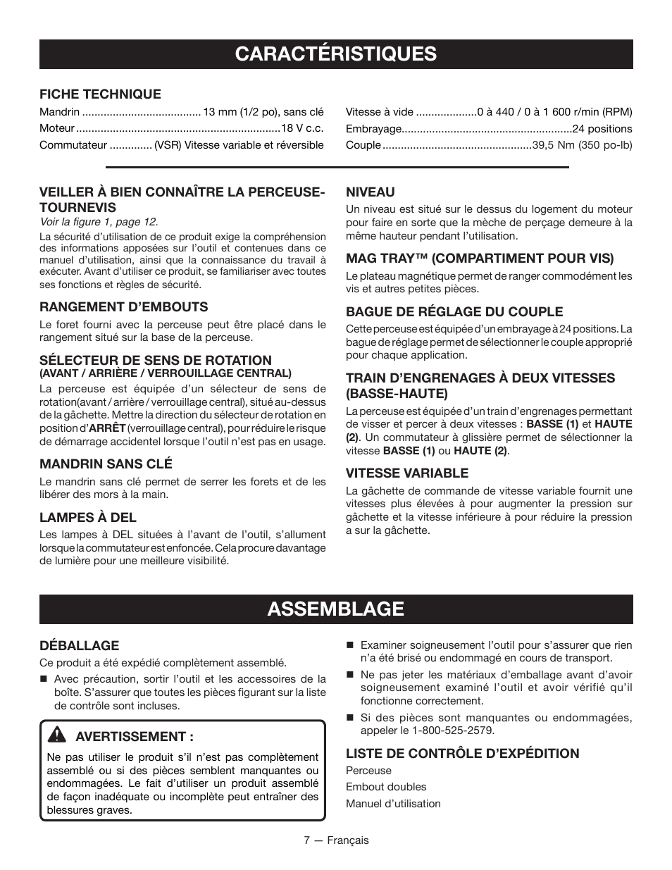 Caractéristiques, Assemblage | Ryobi P208B User Manual | Page 17 / 36