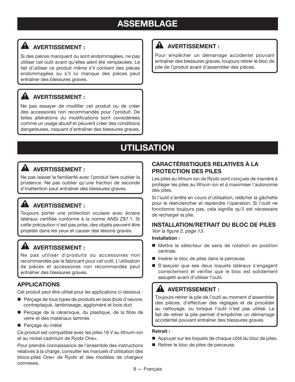 Assemblage, Utilisation | Ryobi P208B User Manual | Page 18 / 36