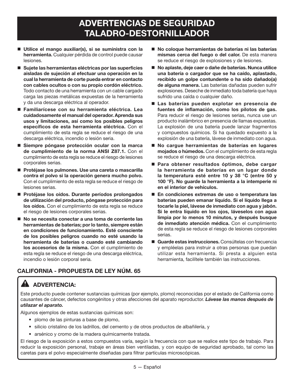 Advertencias de seguridad taladro-destornillador | Ryobi P208B User Manual | Page 25 / 36