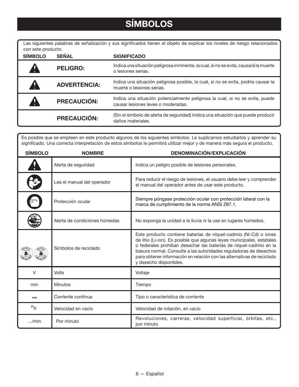 Símbolos | Ryobi P208B User Manual | Page 26 / 36