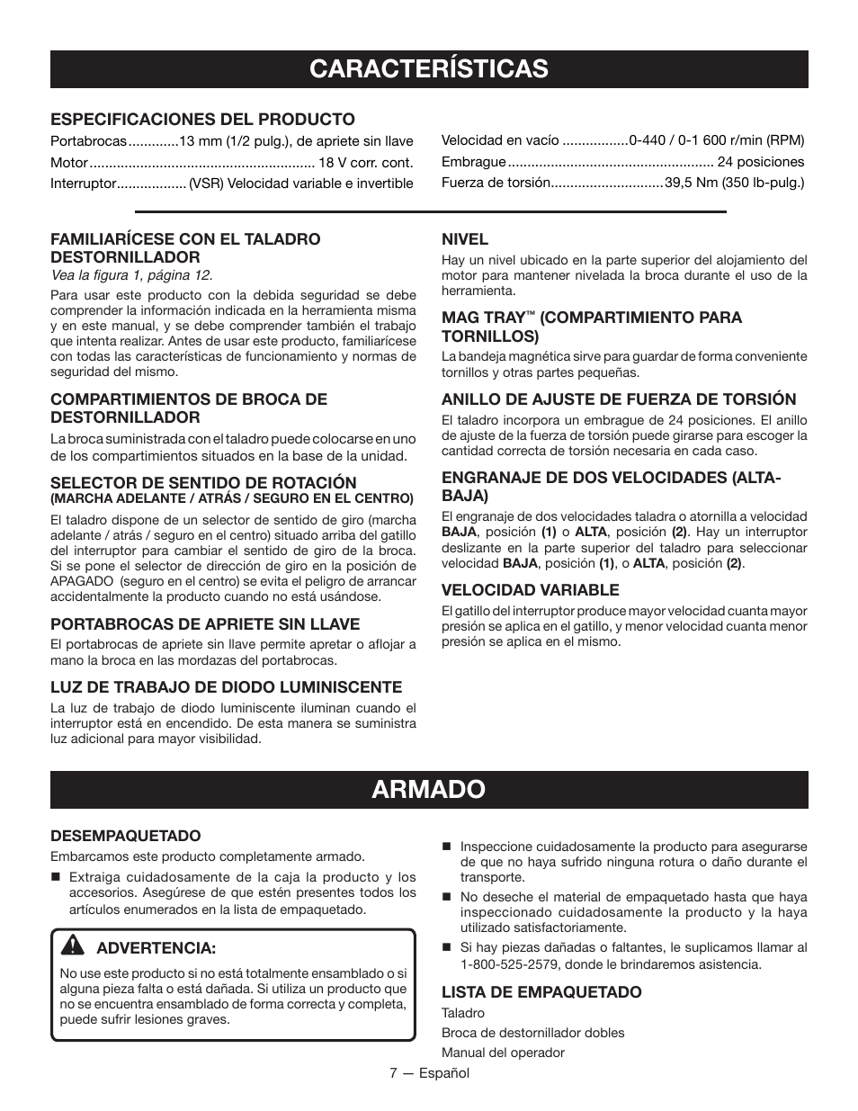 Características, Armado | Ryobi P208B User Manual | Page 27 / 36