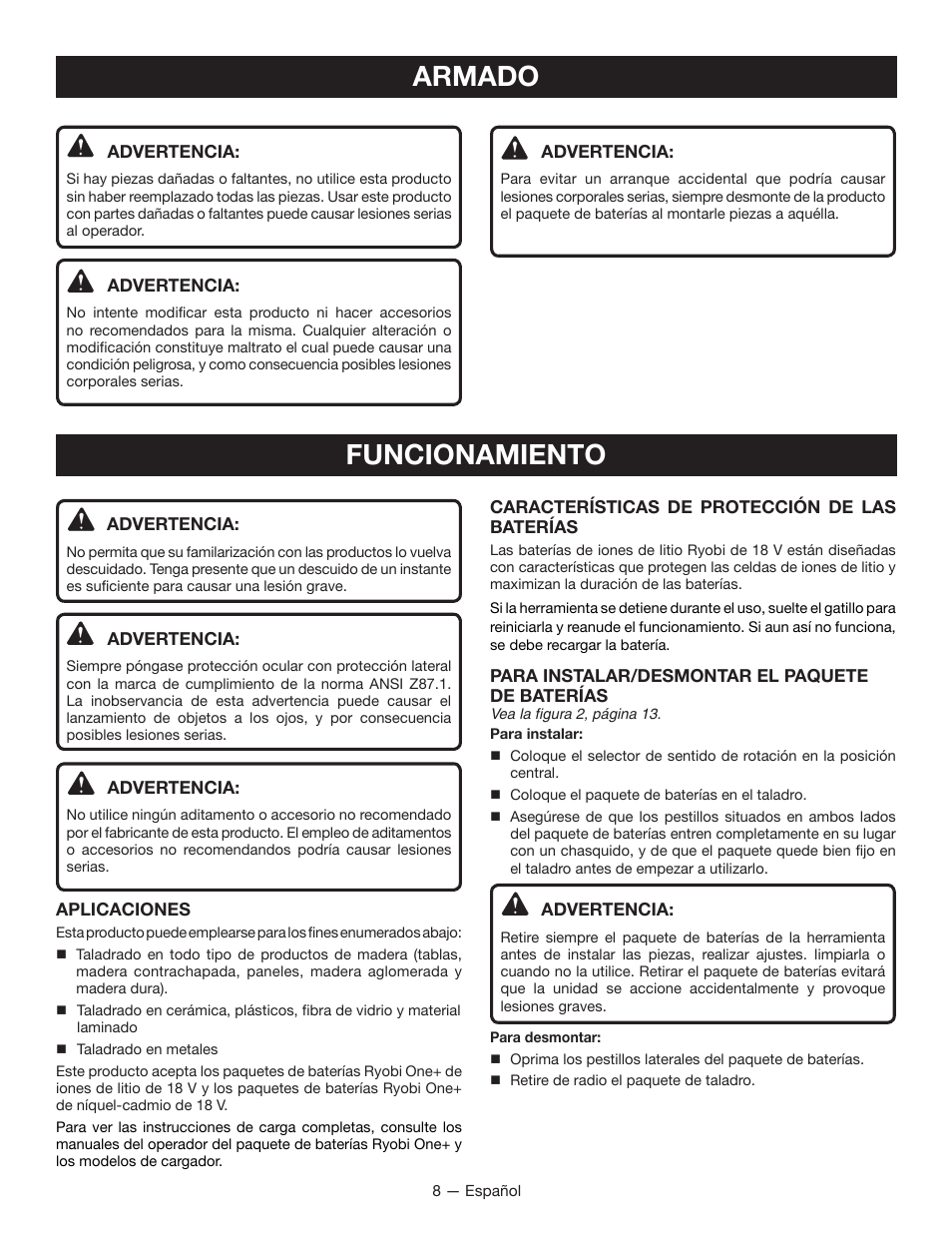 Armado, Funcionamiento | Ryobi P208B User Manual | Page 28 / 36