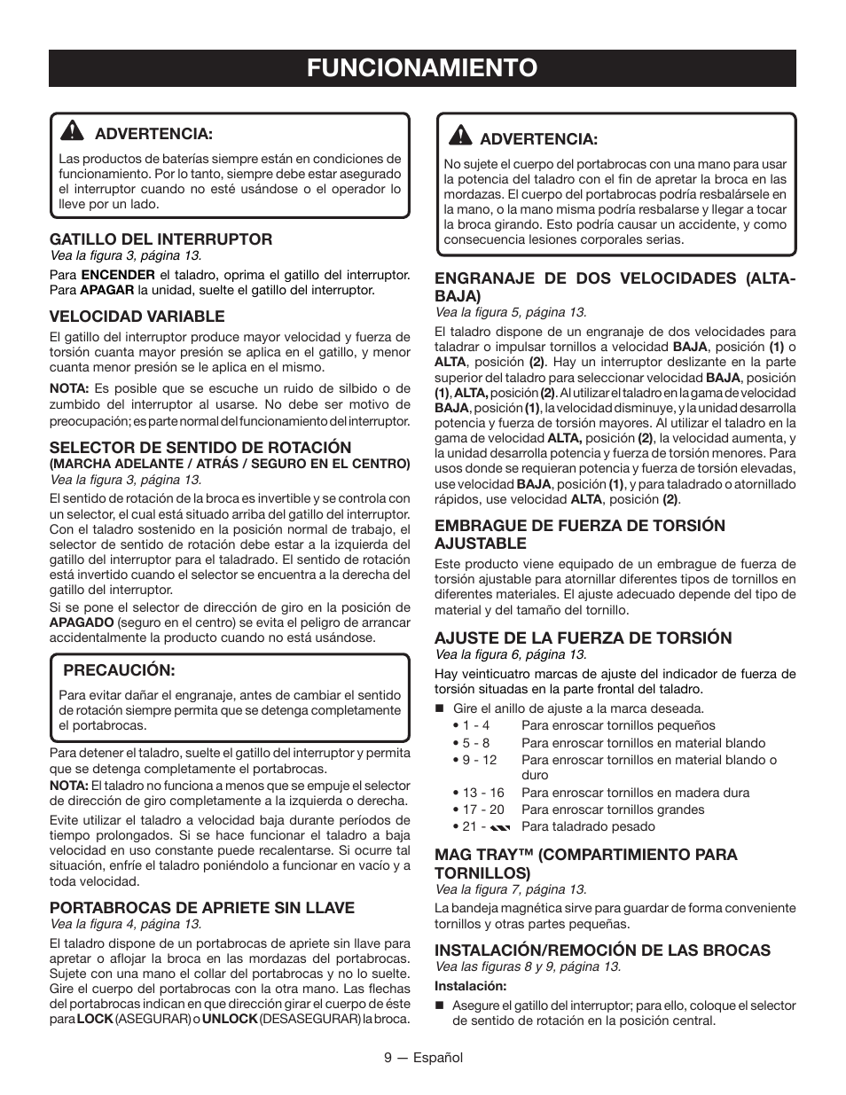 Funcionamiento | Ryobi P208B User Manual | Page 29 / 36