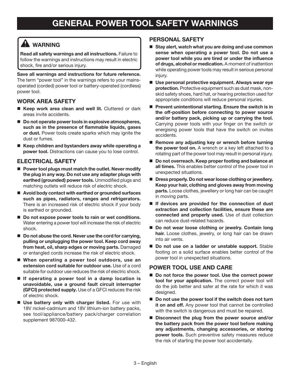 General power tool safety warnings | Ryobi P208B User Manual | Page 3 / 36