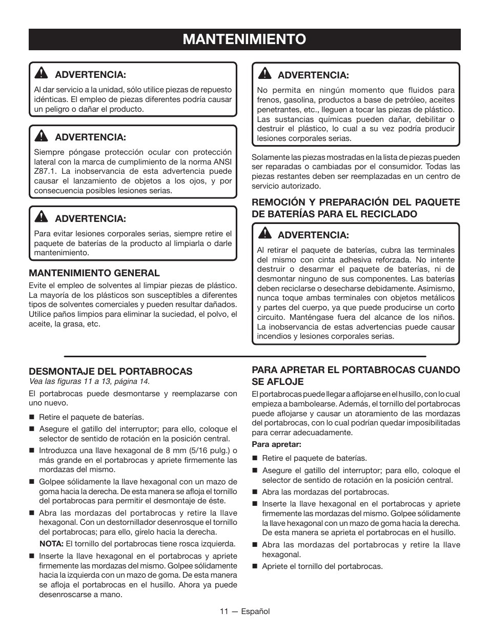 Mantenimiento | Ryobi P208B User Manual | Page 31 / 36