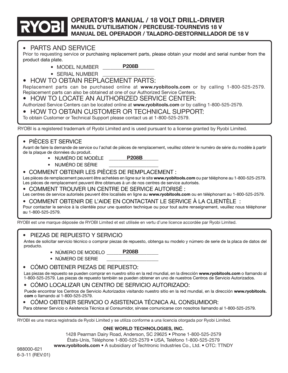 Parts and service, How to obtain replacement parts, How to locate an authorized service center | How to obtain customer or technical support, Operator’s manual / 18 volt drill-driver | Ryobi P208B User Manual | Page 36 / 36