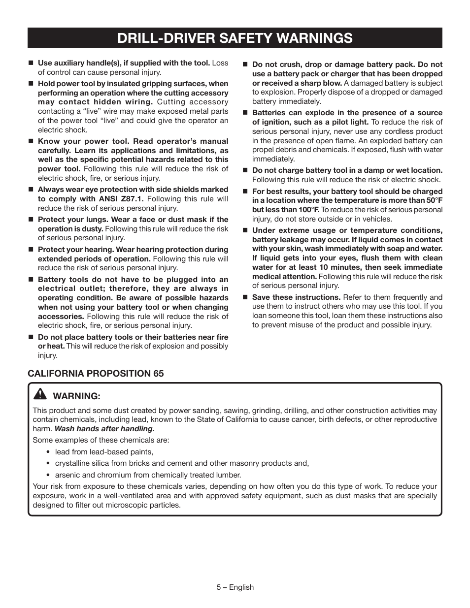 Drill-driver safety warnings | Ryobi P208B User Manual | Page 5 / 36