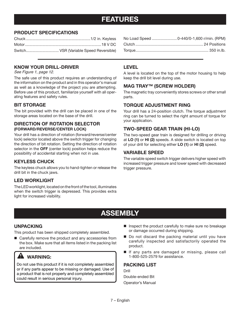 Features, Assembly | Ryobi P208B User Manual | Page 7 / 36
