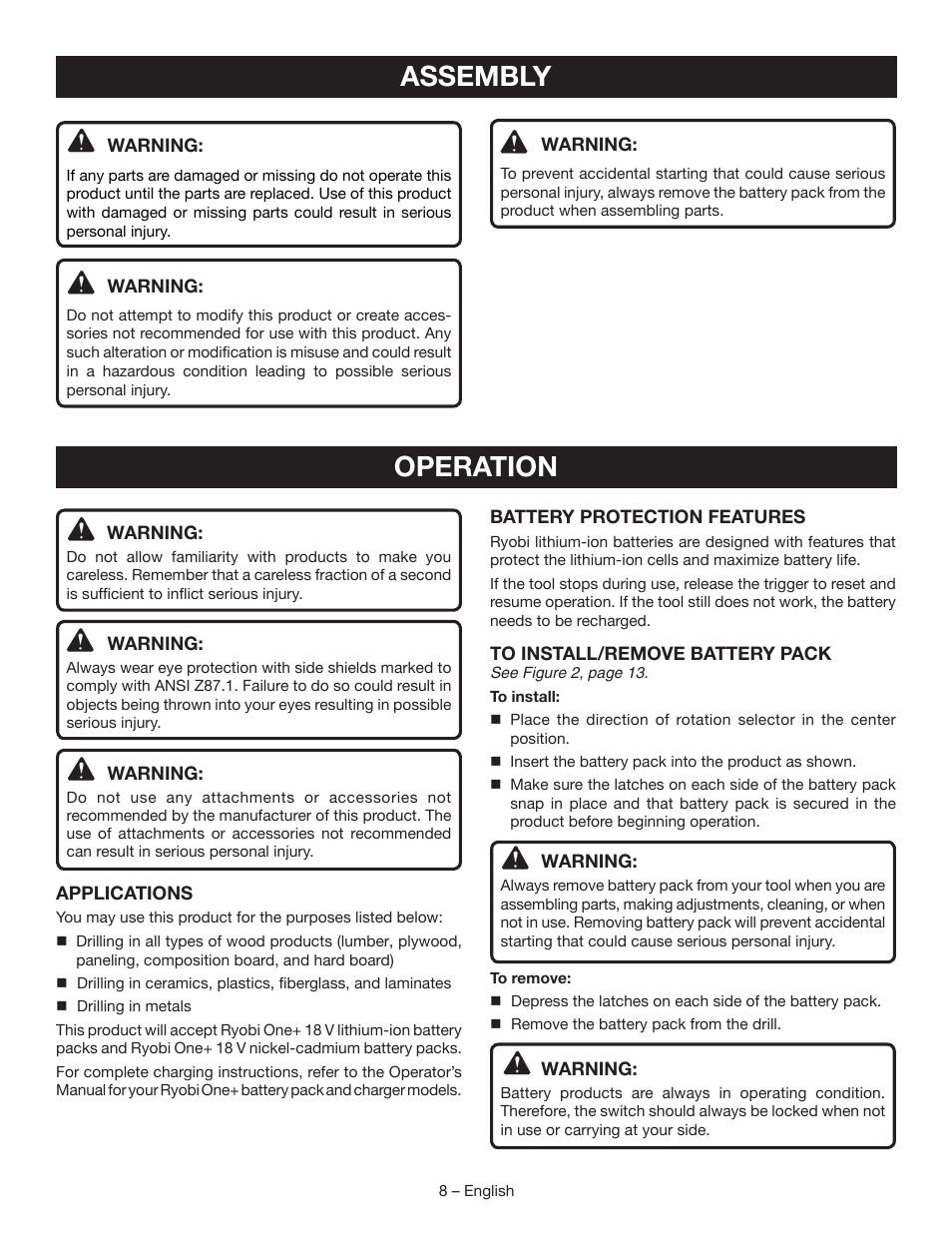 Assembly, Operation | Ryobi P208B User Manual | Page 8 / 36