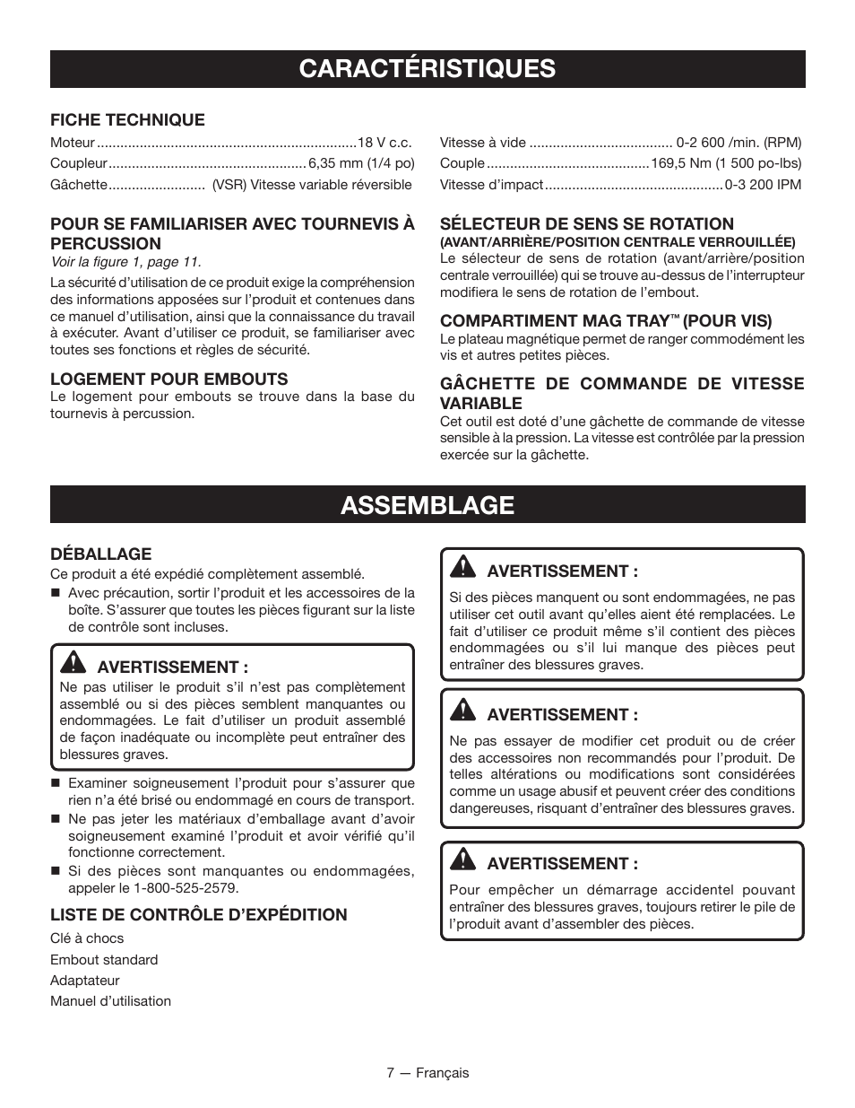 Caractéristiques, Assemblage | Ryobi P234 User Manual | Page 16 / 32