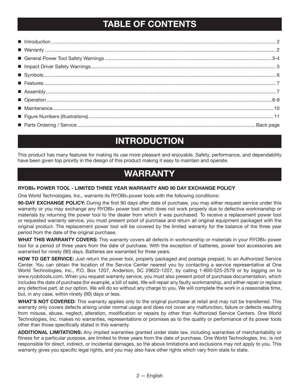 Table of contents introduction, Warranty | Ryobi P234 User Manual | Page 2 / 32