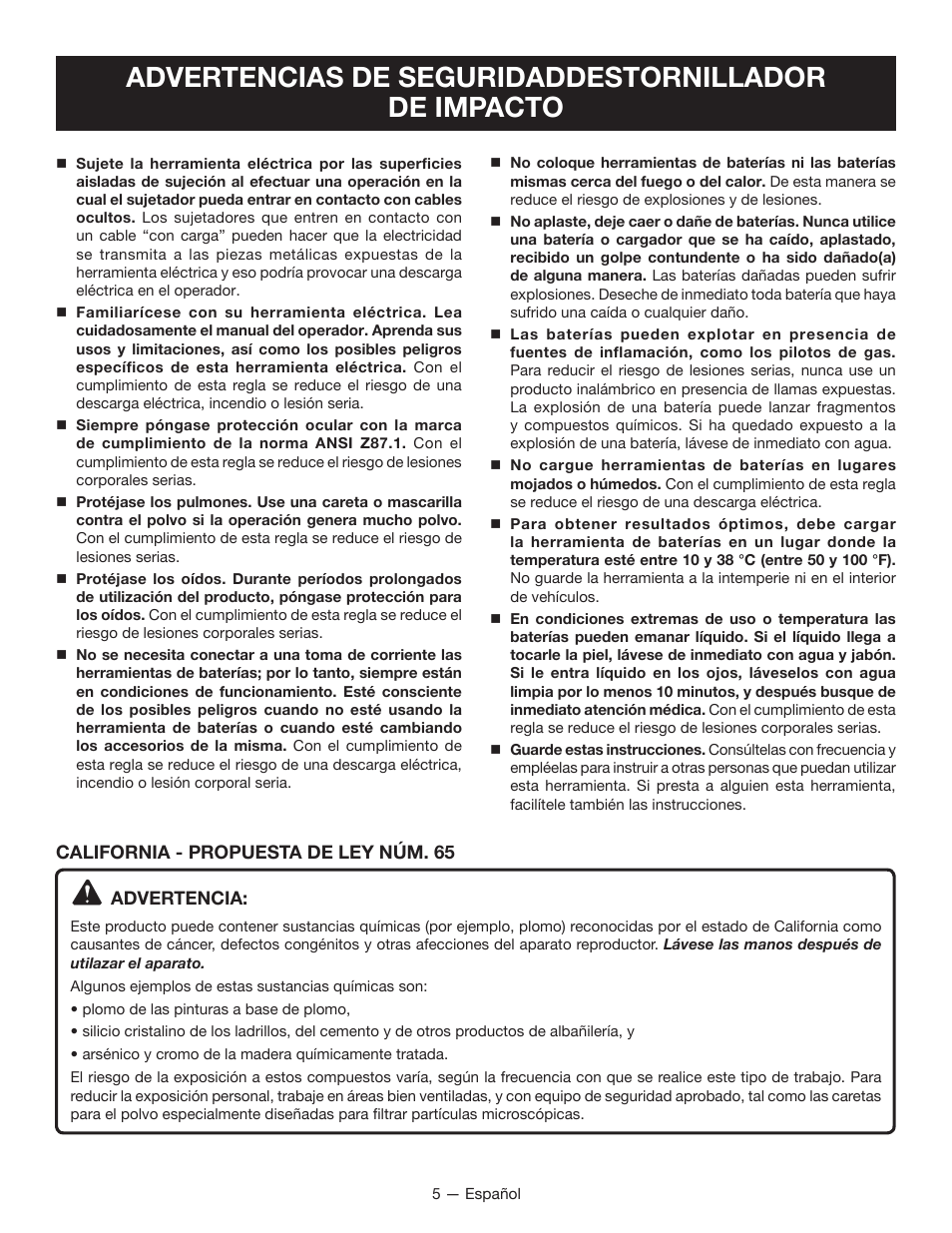 Advertencias de seguridaddestornillador de impacto | Ryobi P234 User Manual | Page 23 / 32