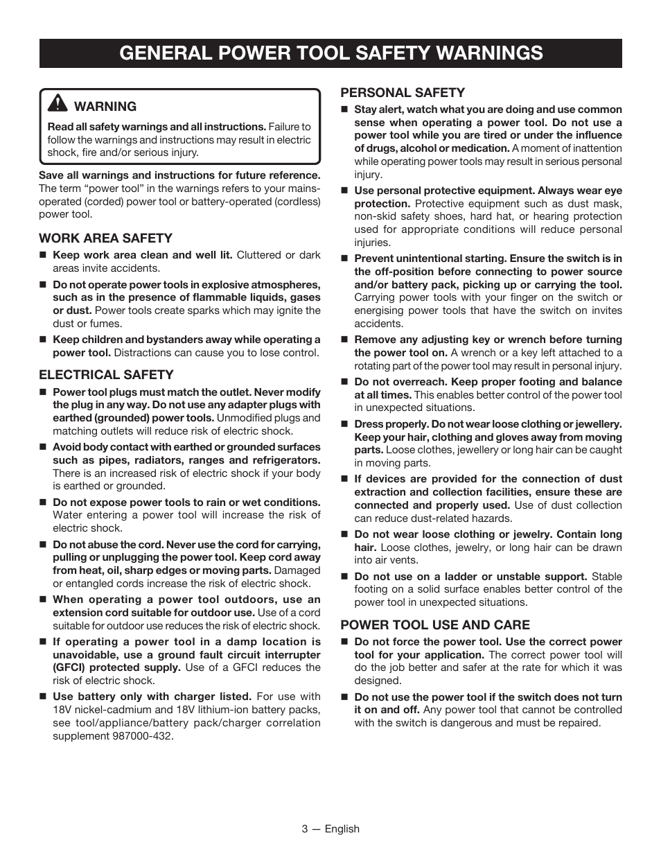 General power tool safety warnings | Ryobi P234 User Manual | Page 3 / 32