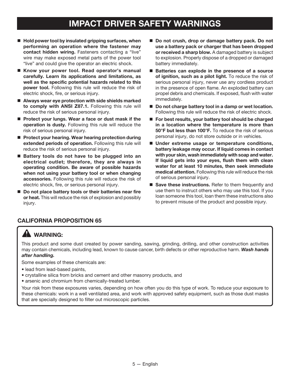 Impact driver safety warnings | Ryobi P234 User Manual | Page 5 / 32