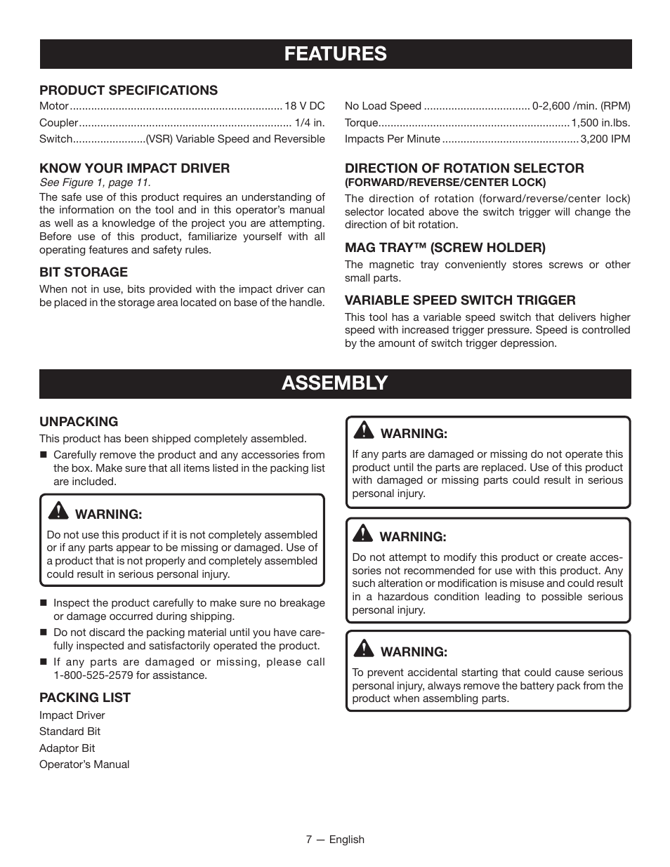 Features, Assembly | Ryobi P234 User Manual | Page 7 / 32