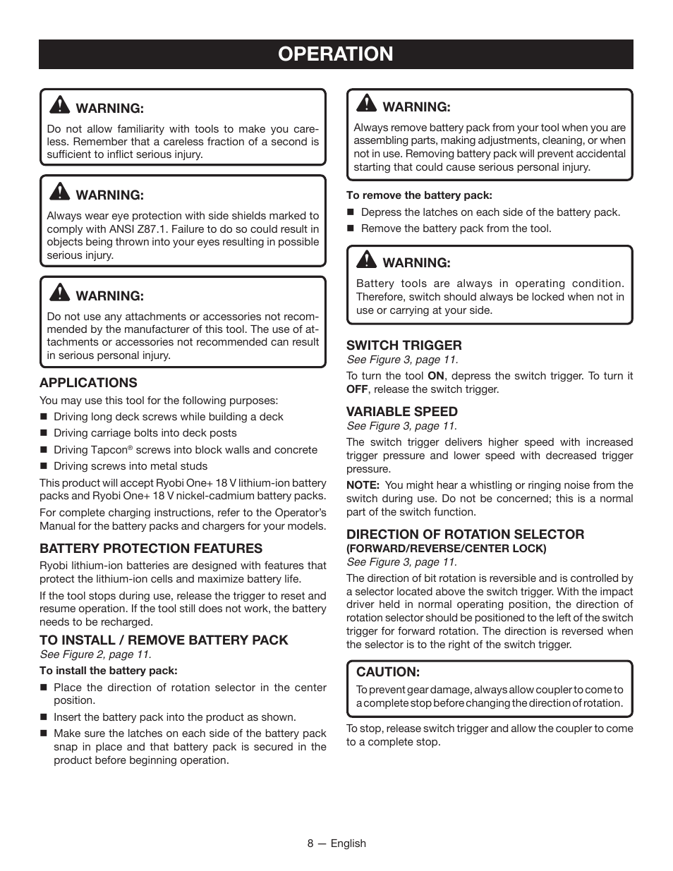 Operation | Ryobi P234 User Manual | Page 8 / 32