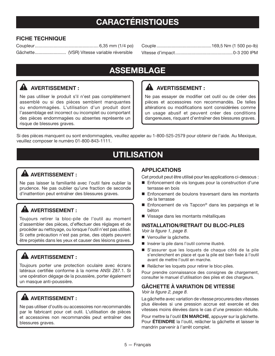 Caractéristiques, Assemblage, Utilisation | Ryobi P234G User Manual | Page 11 / 24