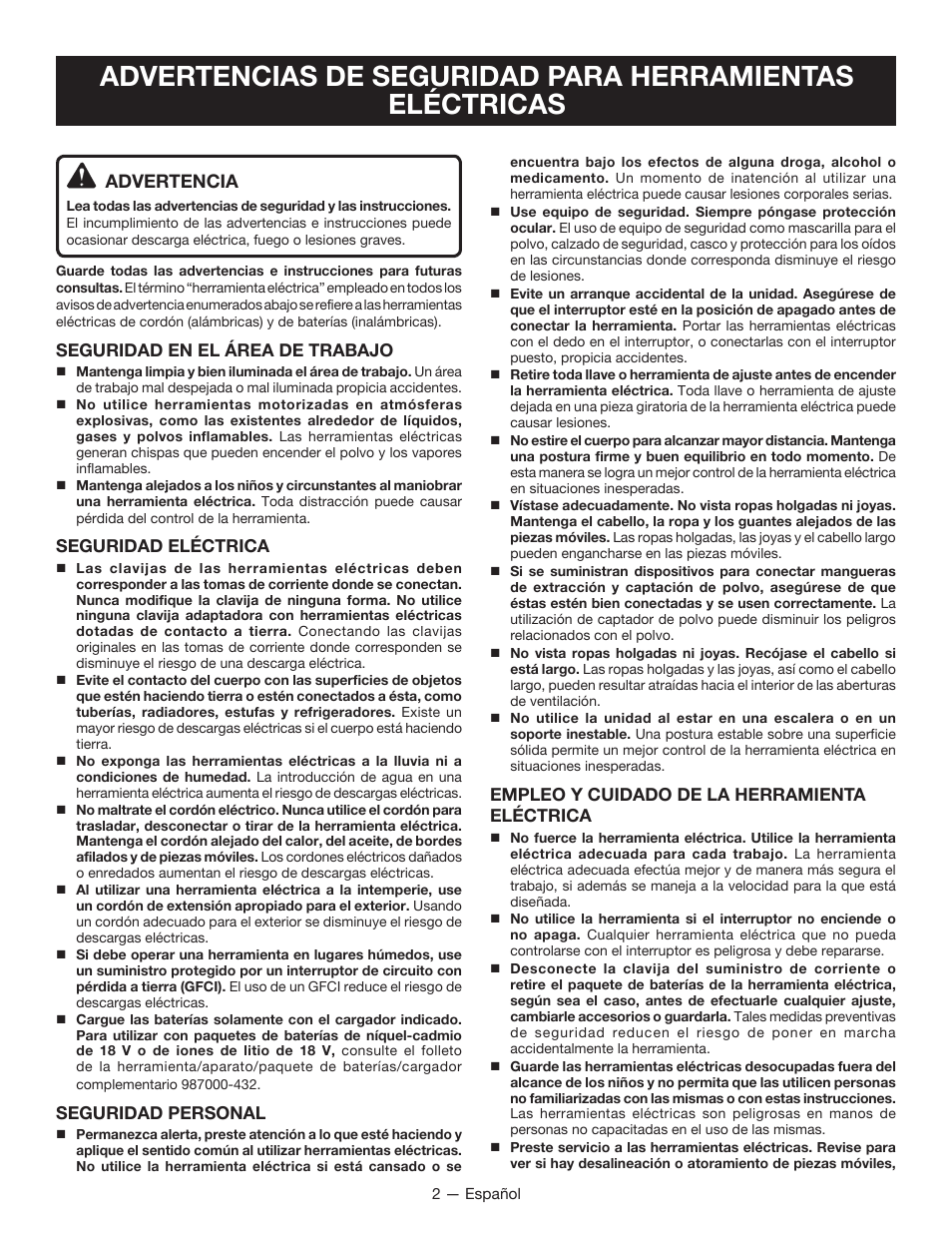 Advertencia | Ryobi P234G User Manual | Page 14 / 24