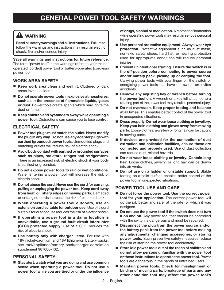 General power tool safety warnings | Ryobi P234G User Manual | Page 2 / 24