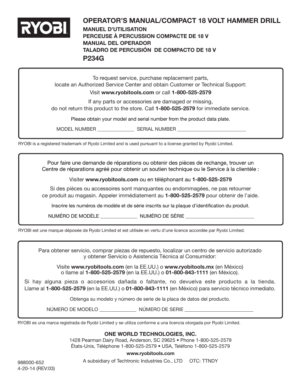 Operator’s manual/compact 18 volt hammer drill, P234g | Ryobi P234G User Manual | Page 24 / 24
