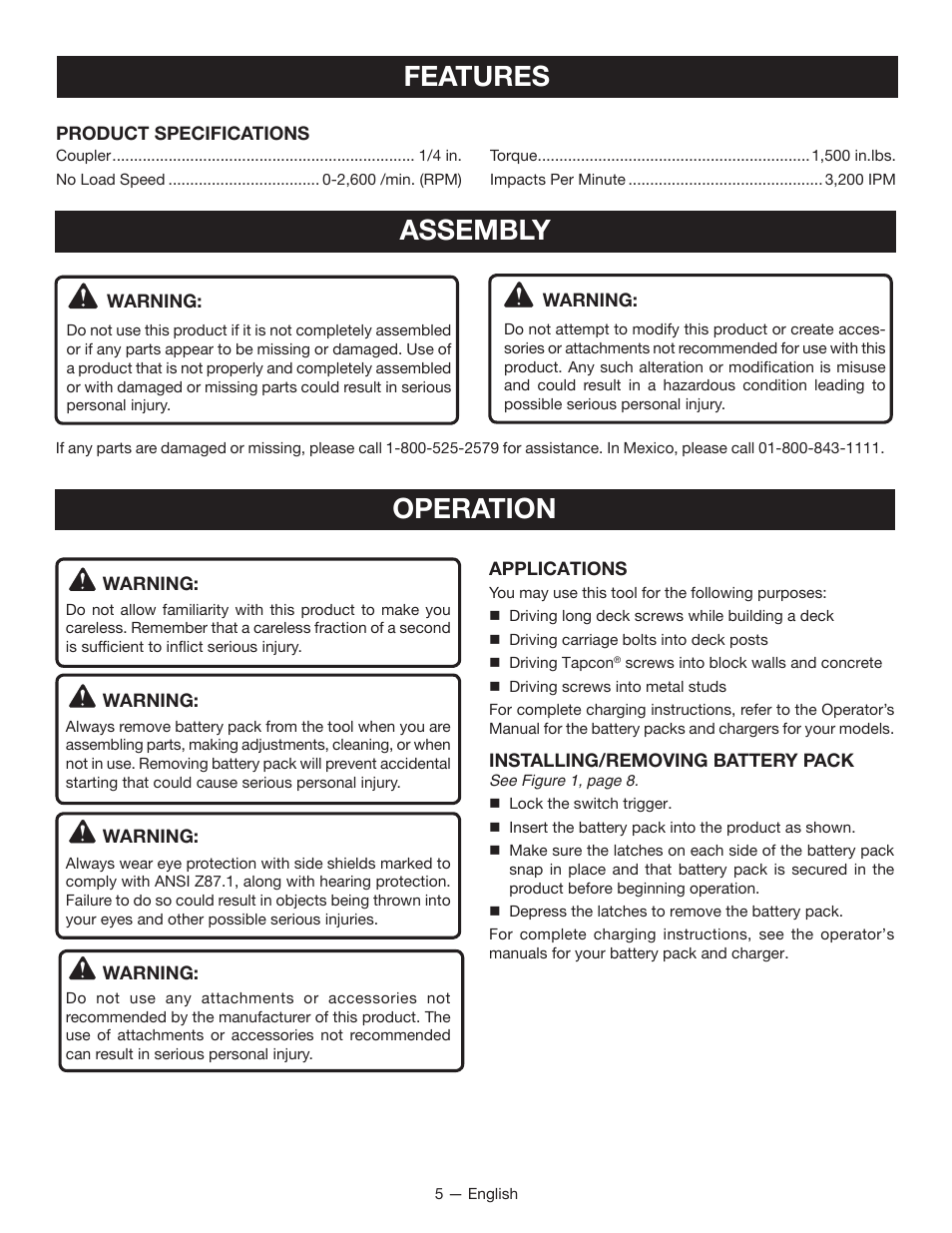 Features, Operation assembly | Ryobi P234G User Manual | Page 5 / 24