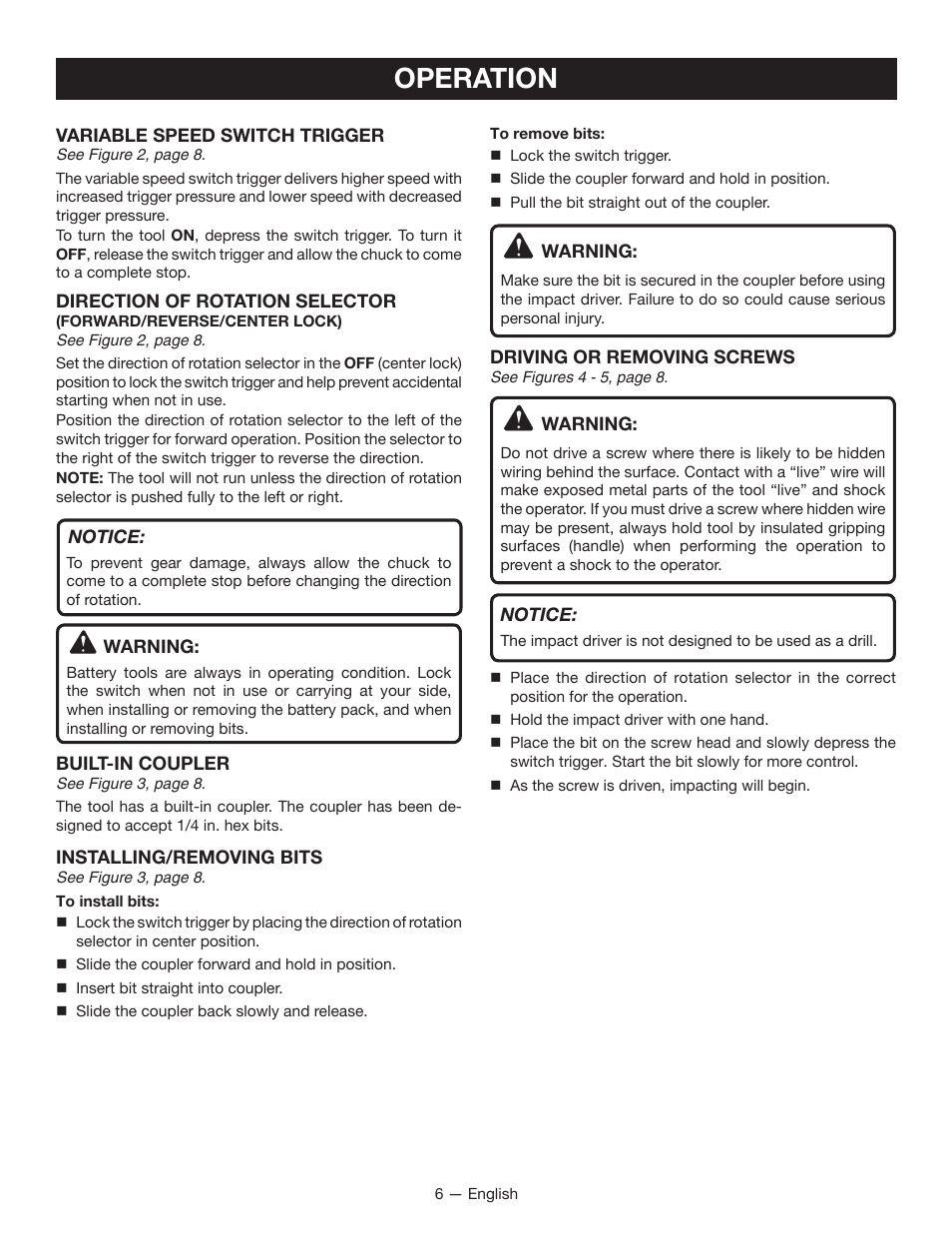Operation | Ryobi P234G User Manual | Page 6 / 24