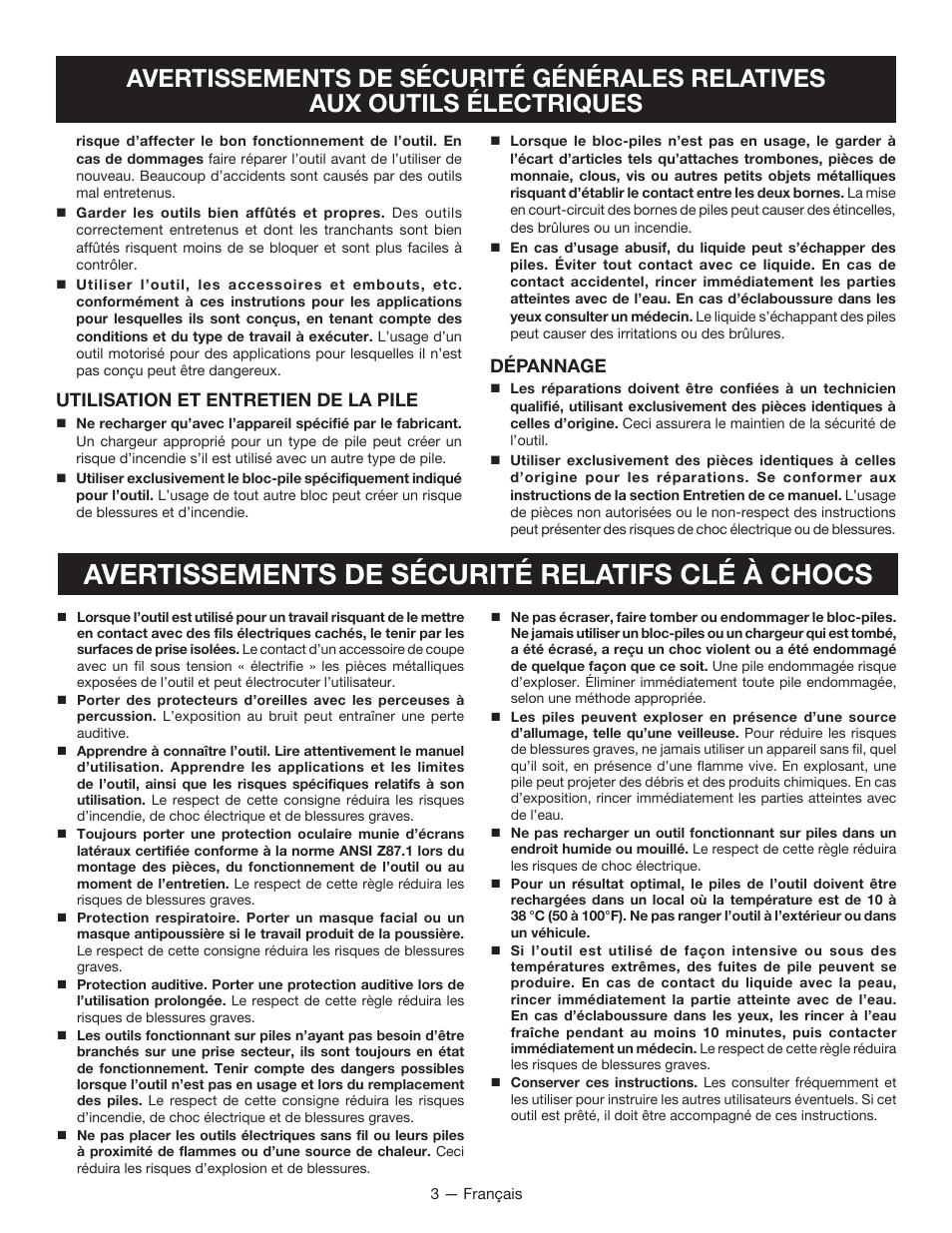 Avertissements de sécurité relatifs clй а chocs, Utilisation et entretien de la pile, Dépannage | Ryobi P234G User Manual | Page 9 / 24
