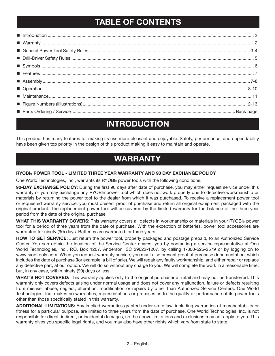 Table of contents introduction, Warranty | Ryobi P270 User Manual | Page 2 / 36