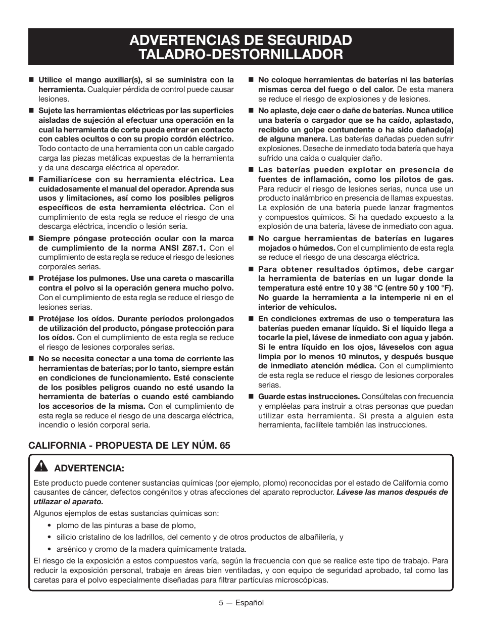 Advertencias de seguridad taladro-destornillador | Ryobi P271 User Manual | Page 25 / 36