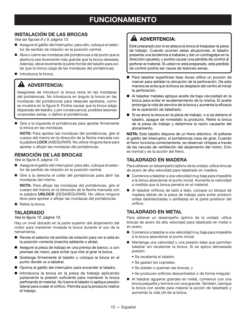 Funcionamiento, Instalación de las brocas, Advertencia | Remoción de las brocas, Taladrado, Taladrado en madera, Taladrado en metal | Ryobi P271 User Manual | Page 30 / 36
