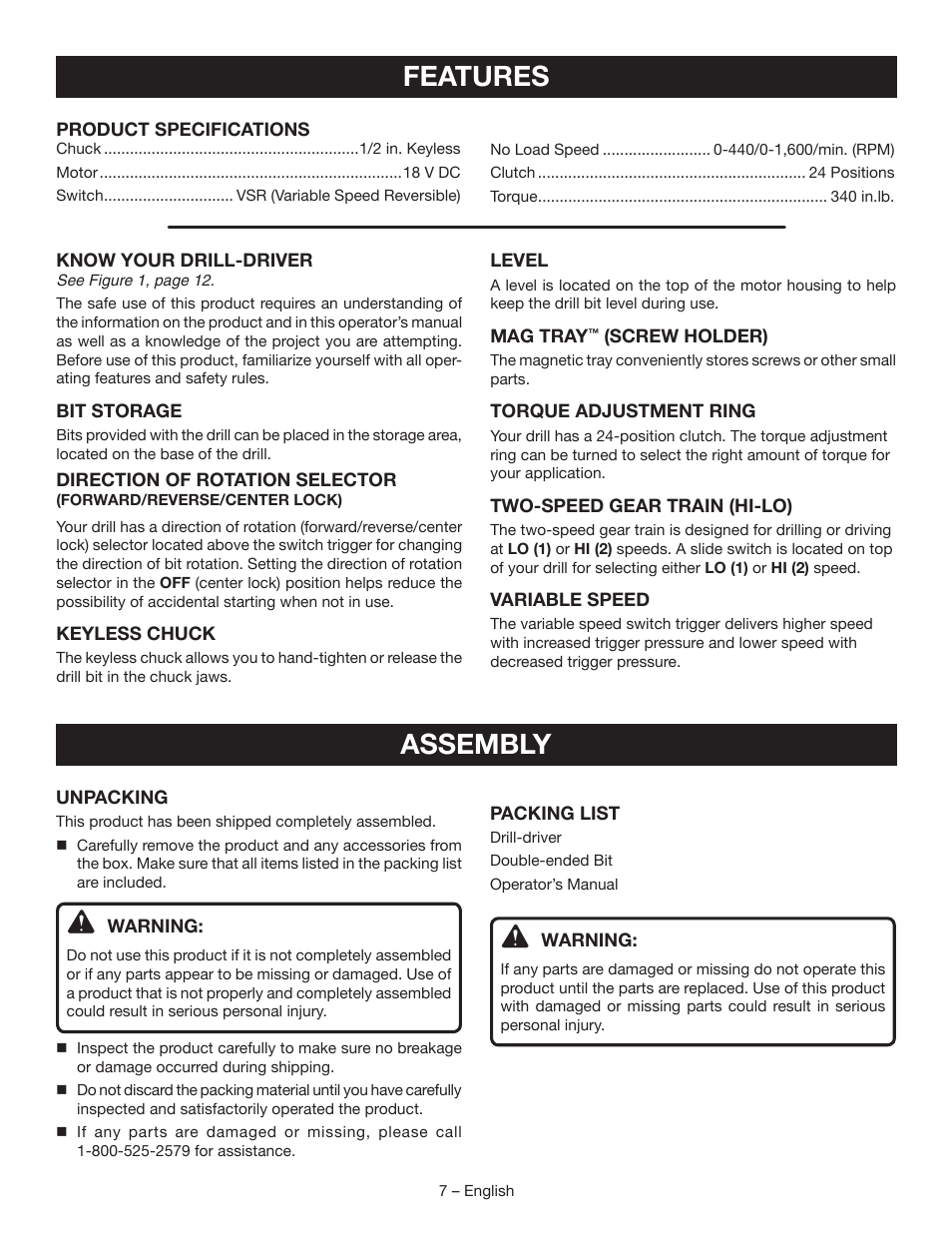Features, Assembly | Ryobi P271 User Manual | Page 7 / 36