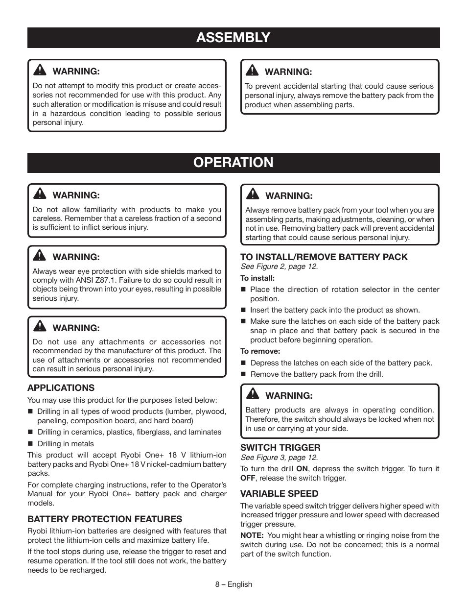 Operation, Assembly | Ryobi P271 User Manual | Page 8 / 36