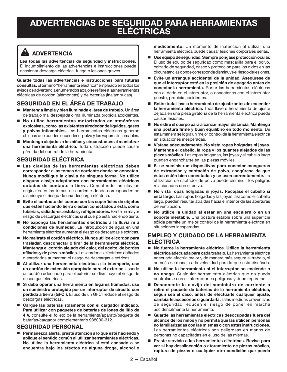 Advertencia, Seguridad en el área de trabajo, Seguridad eléctrica | Seguridad personal, Empleo y cuidado de la herramienta eléctrica | Ryobi HP64L User Manual | Page 12 / 20