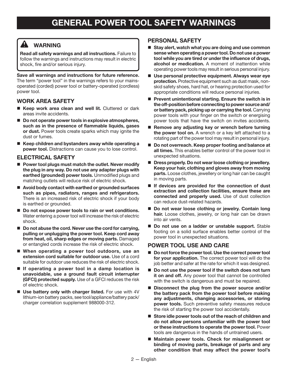 General power tool safety warnings | Ryobi HP64L User Manual | Page 2 / 20