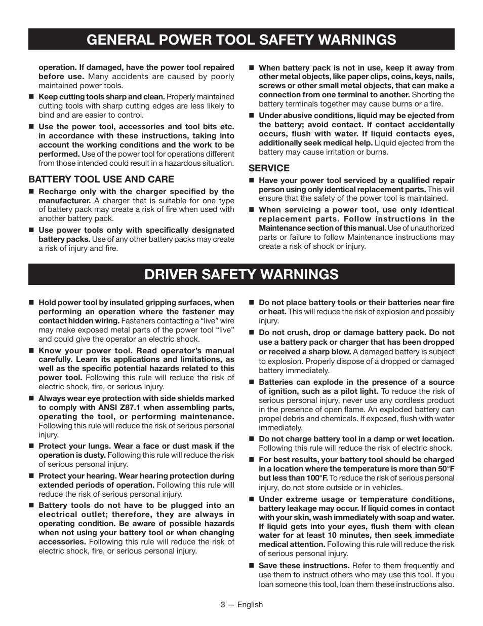 General power tool safety warnings, Driver safety warnings | Ryobi HP64L User Manual | Page 3 / 20