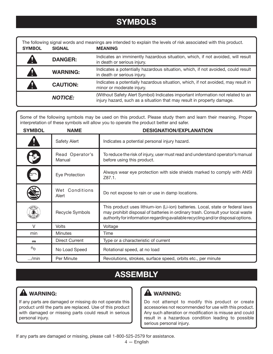 Symbols, Assembly | Ryobi HP64L User Manual | Page 4 / 20