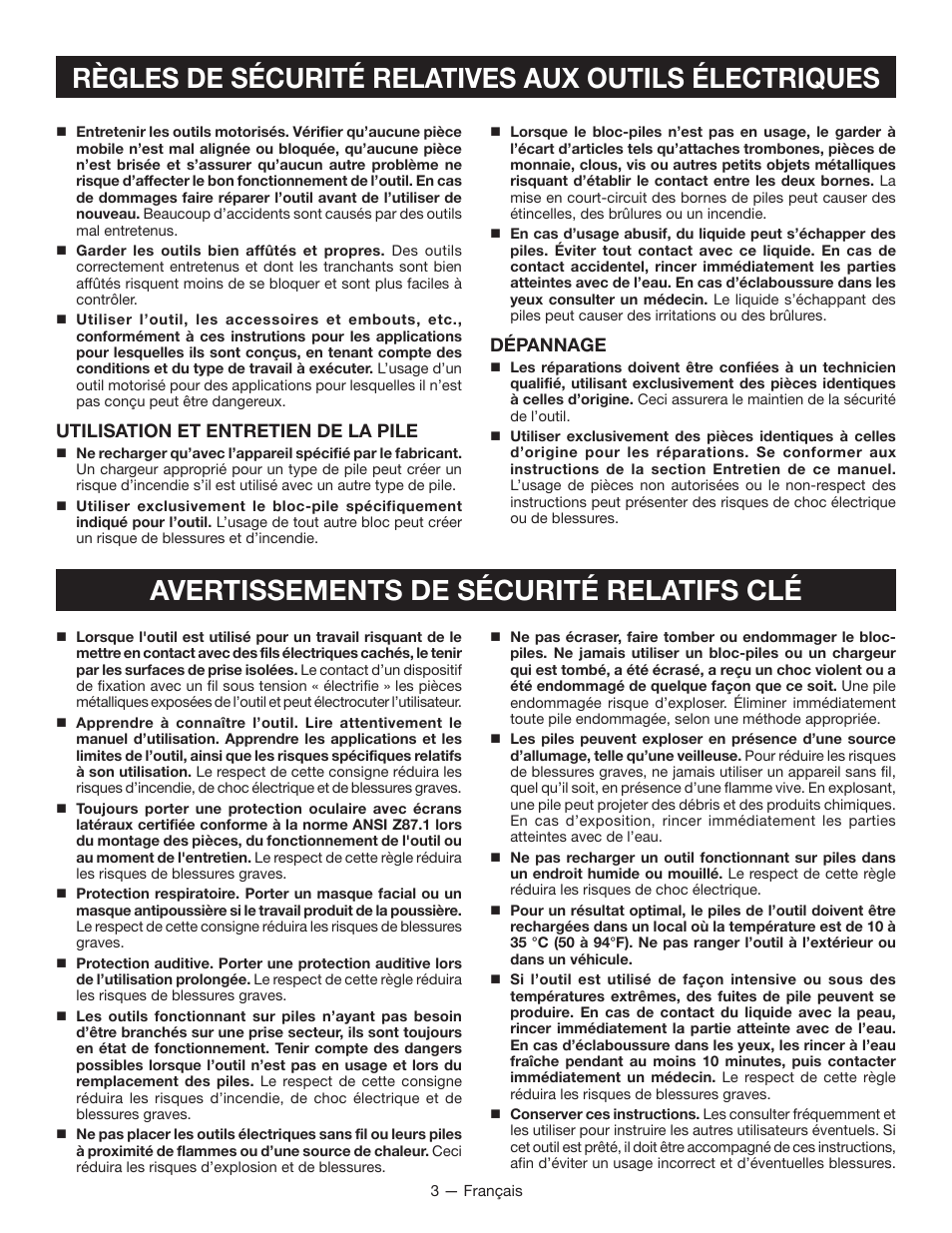 Avertissements de sécurité relatifs clé, Utilisation et entretien de la pile, Dépannage | Ryobi HP64L User Manual | Page 8 / 20