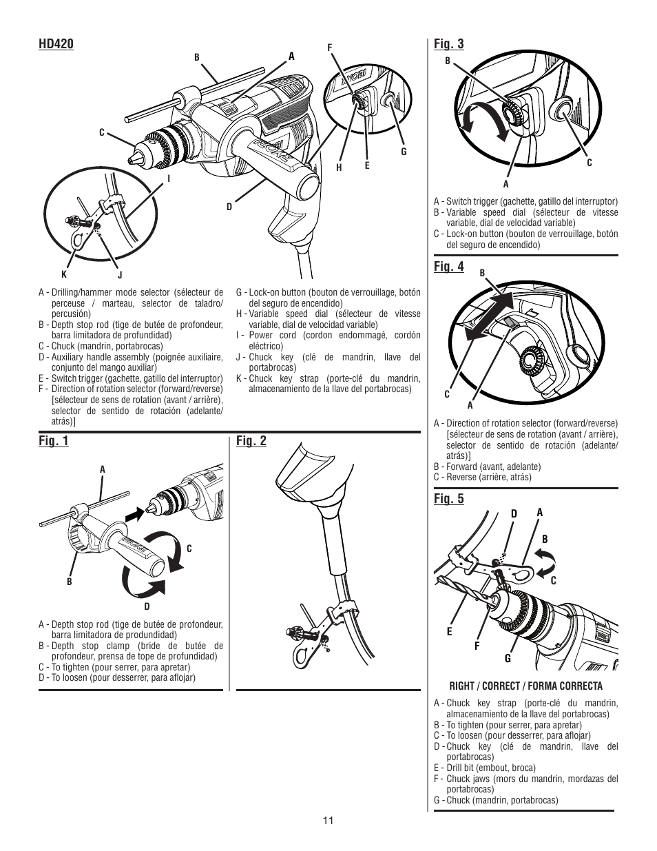 Hd420, Fig. 3 fig. 4, Fig. 5 | Fig. 1, Fig. 2 | Ryobi HD420 User Manual | Page 29 / 32