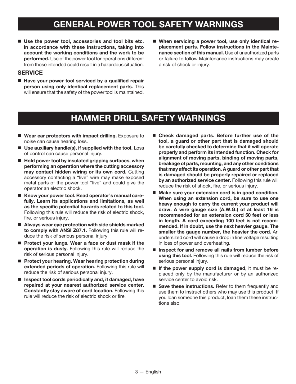 General power tool safety warnings, Hammer drill safety warnings | Ryobi HD420 User Manual | Page 3 / 32