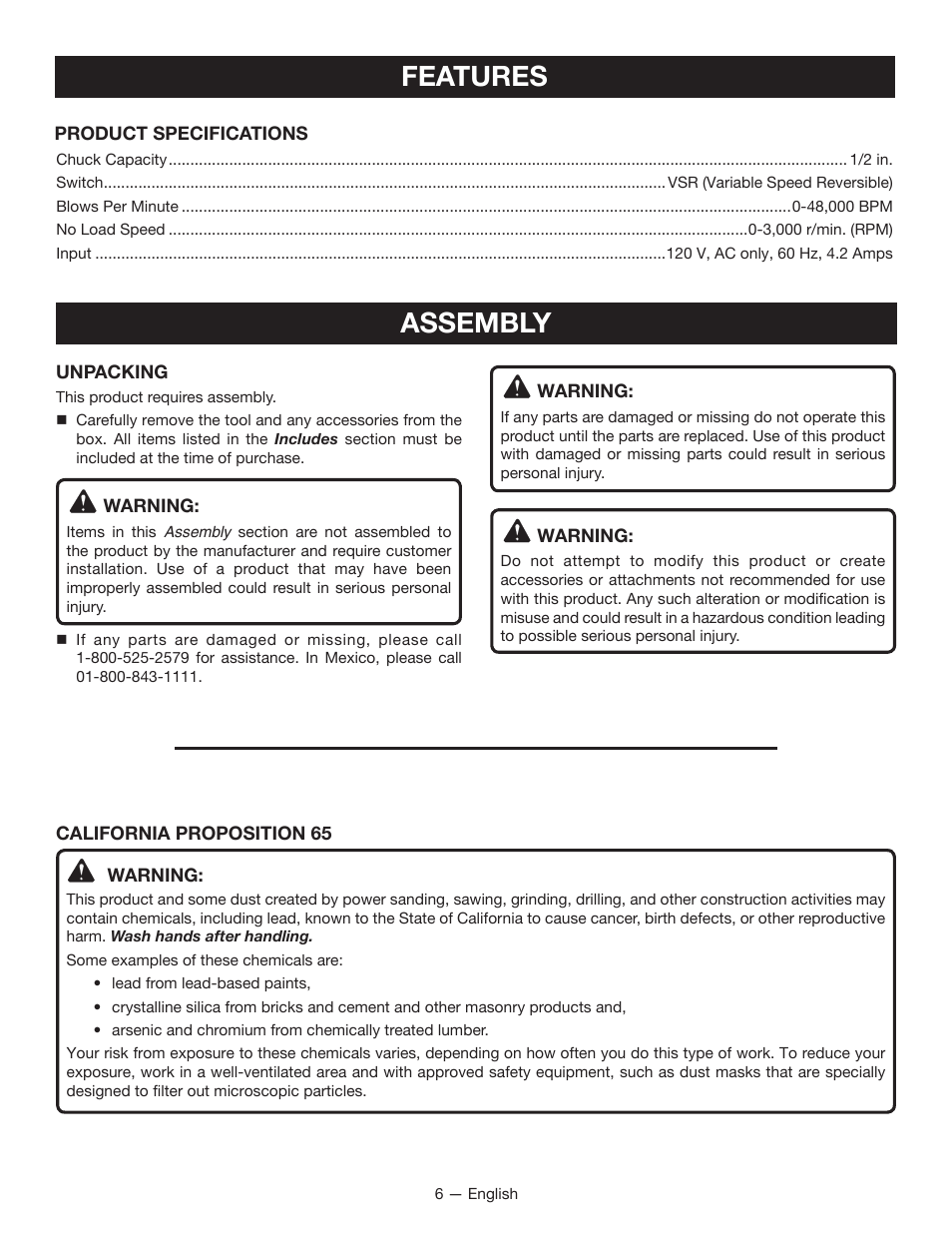 Features, Assembly | Ryobi HD420 User Manual | Page 6 / 32