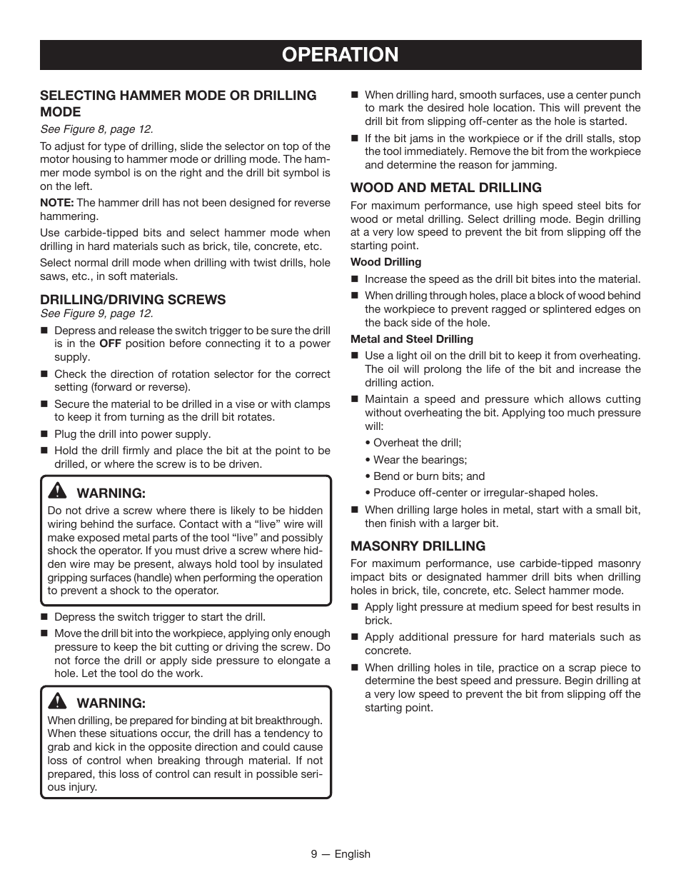 Operation | Ryobi HD420 User Manual | Page 9 / 32