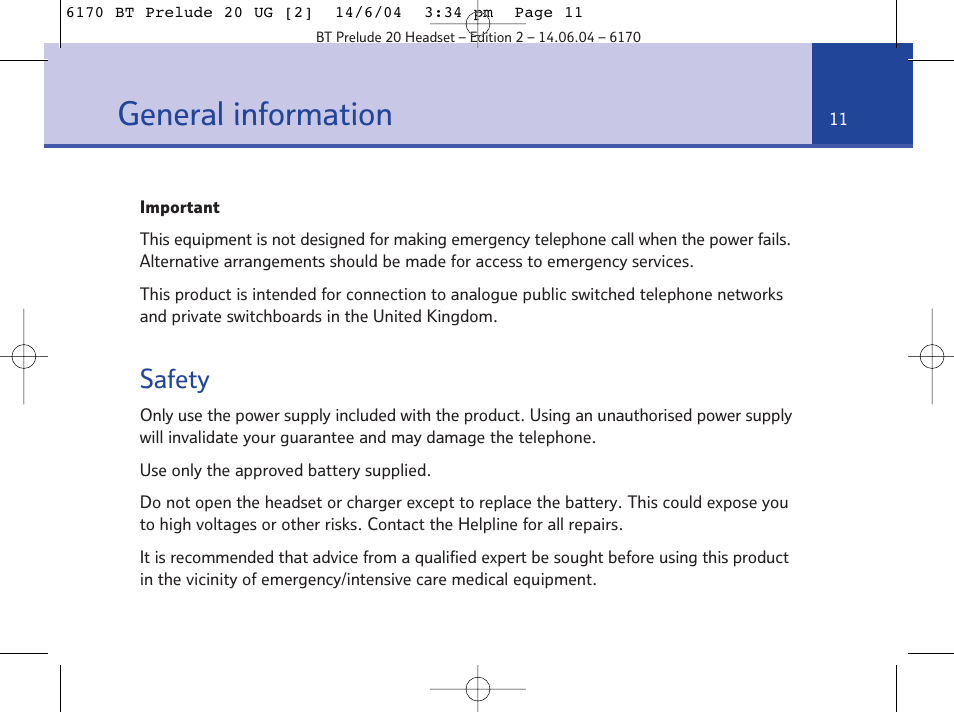 General information, Safety | BT 6170 User Manual | Page 11 / 17