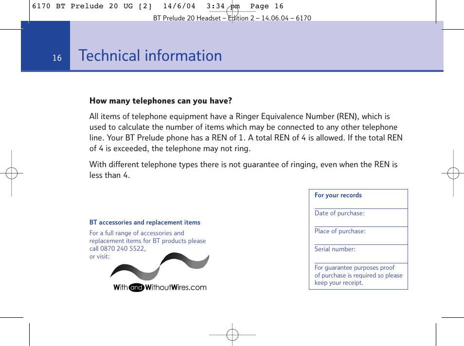 Technical information | BT 6170 User Manual | Page 16 / 17