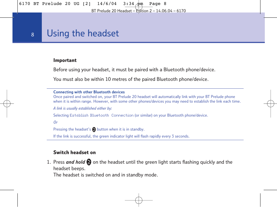 Using the headset | BT 6170 User Manual | Page 8 / 17