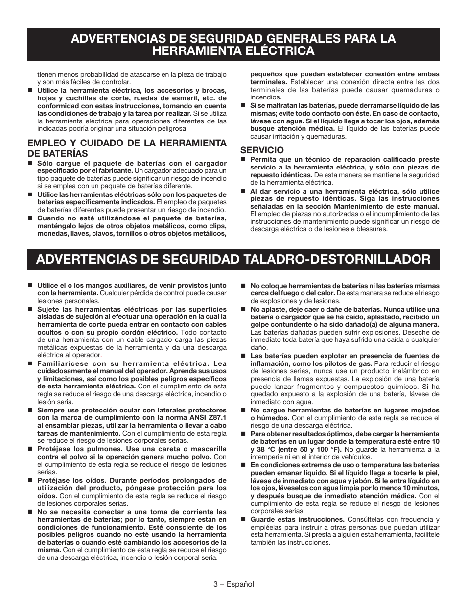 Advertencias de seguridad taladro-destornillador, Empleo y cuidado de la herramienta de baterías, Servicio | Ryobi HJP003 User Manual | Page 15 / 24